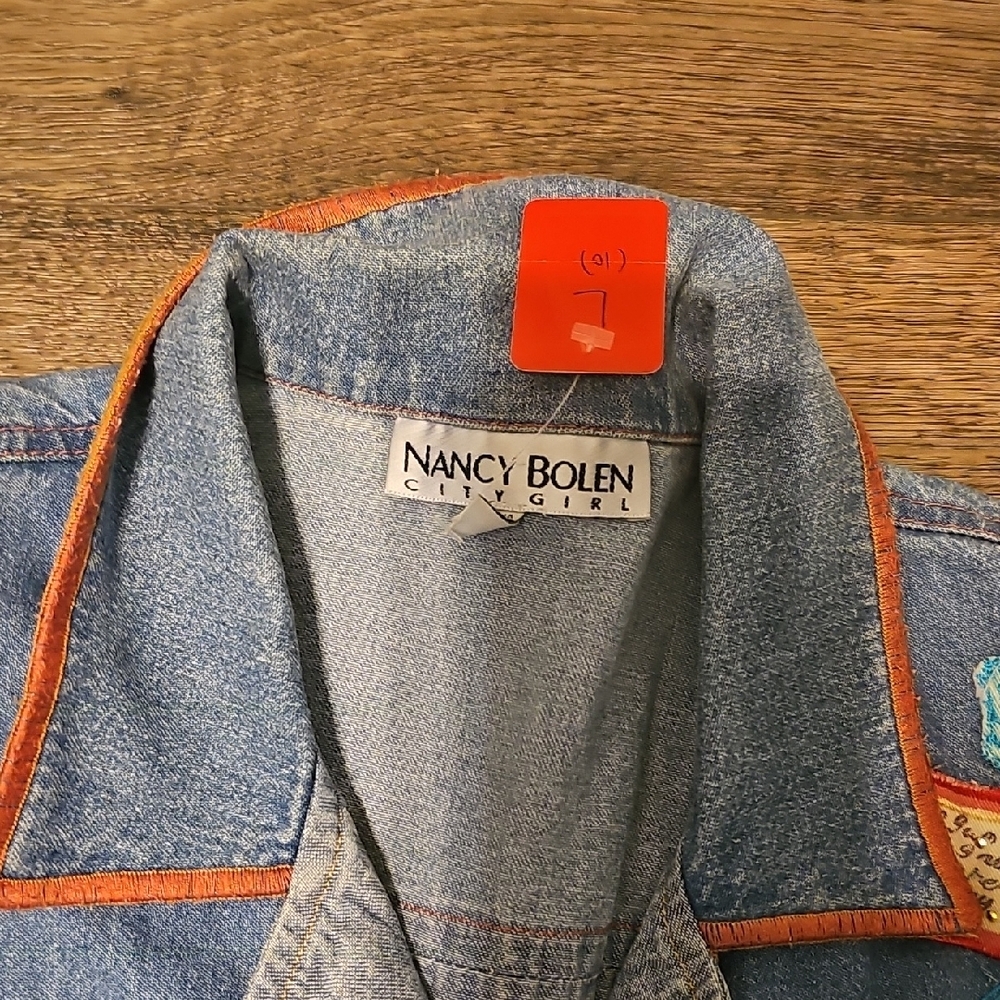 VINTAGE 80s Nancy Bolen City Girl Denim shirt Large Patch Embroidery Orange Trim - Picture 2 of 9